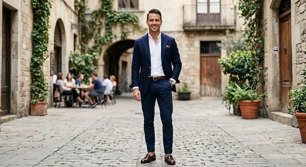 Mens business casual outfit with Oxford shirt and chinos