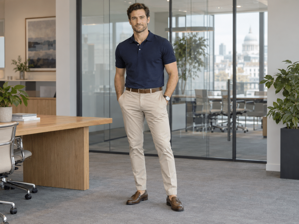 Man wearing a navy business casual polo with chinos