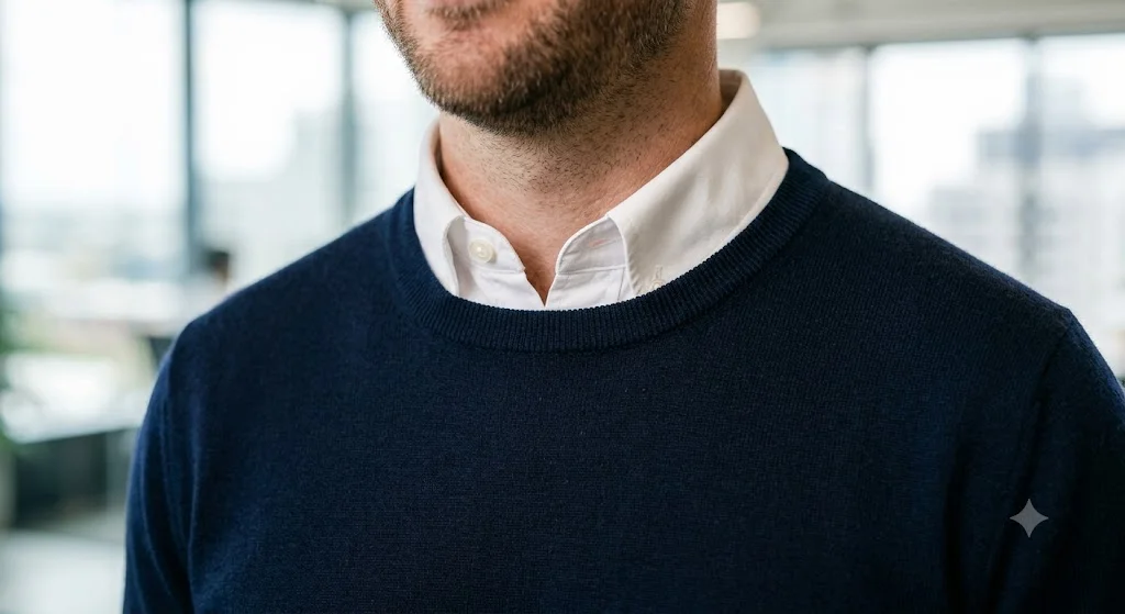 Close up of business casual men sweater over shirt layering for winter office wear