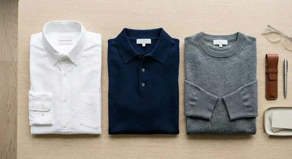 Three essential business casual shirts and jumpers folded neatly on a wooden table