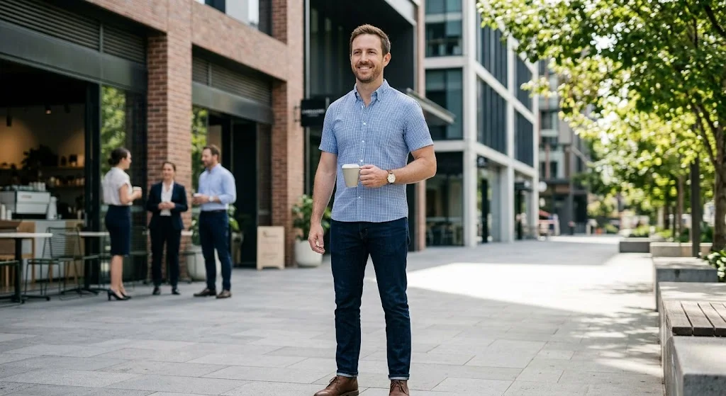 Man wearing smart untucked shirt and dark jeans representing US mens office casual attire.