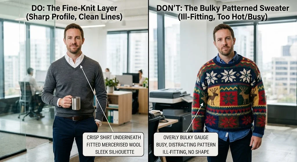 Side by side comparison showing correct and incorrect business casual men sweater choices.