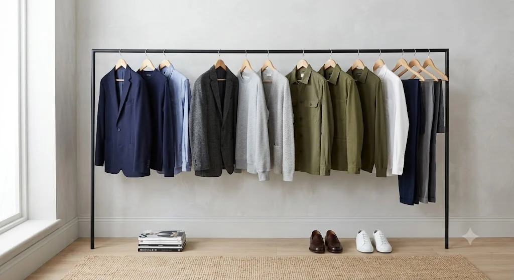 Minimalist business casual capsule wardrobe for men on a clothing rack