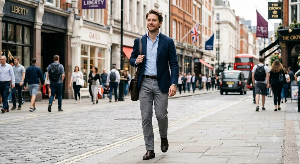 Business casual men UK outfit featuring a navy blazer, light blue shirt, and tailored grey chinos