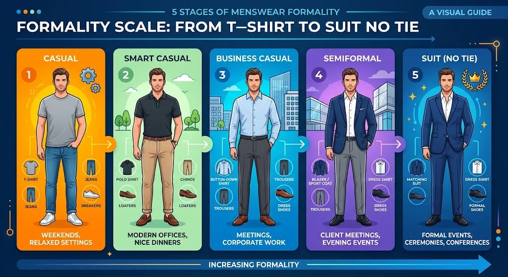 Business casual formality scale from casual to business professional