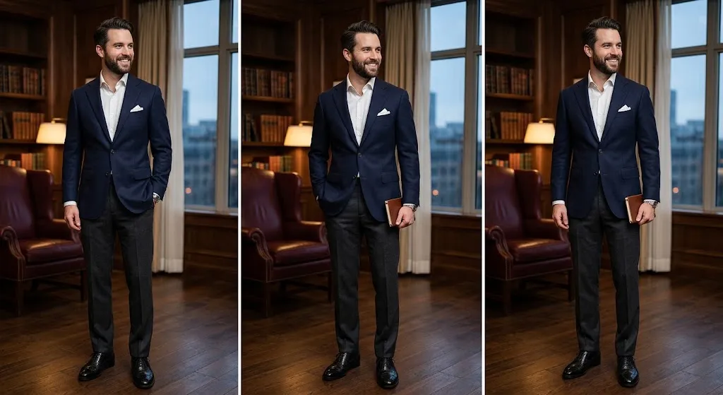Business casual outfit: oxford shirt, navy chinos, derby shoes