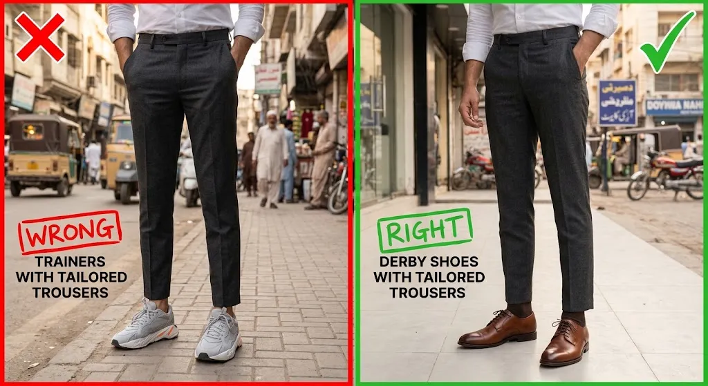 Business casual mistake: trainers vs derby shoes