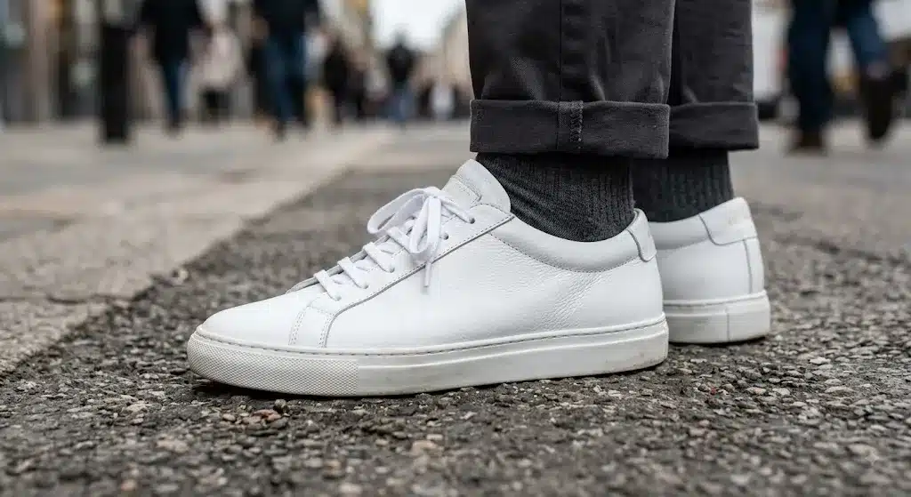 white business casual sneakers with grey chinos office outfit