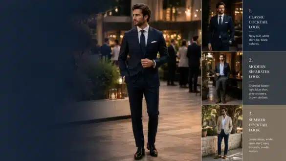 Men's cocktail attire style guide showcasing three outfits: a classic navy suit, modern separates, and a summer linen blazer look.