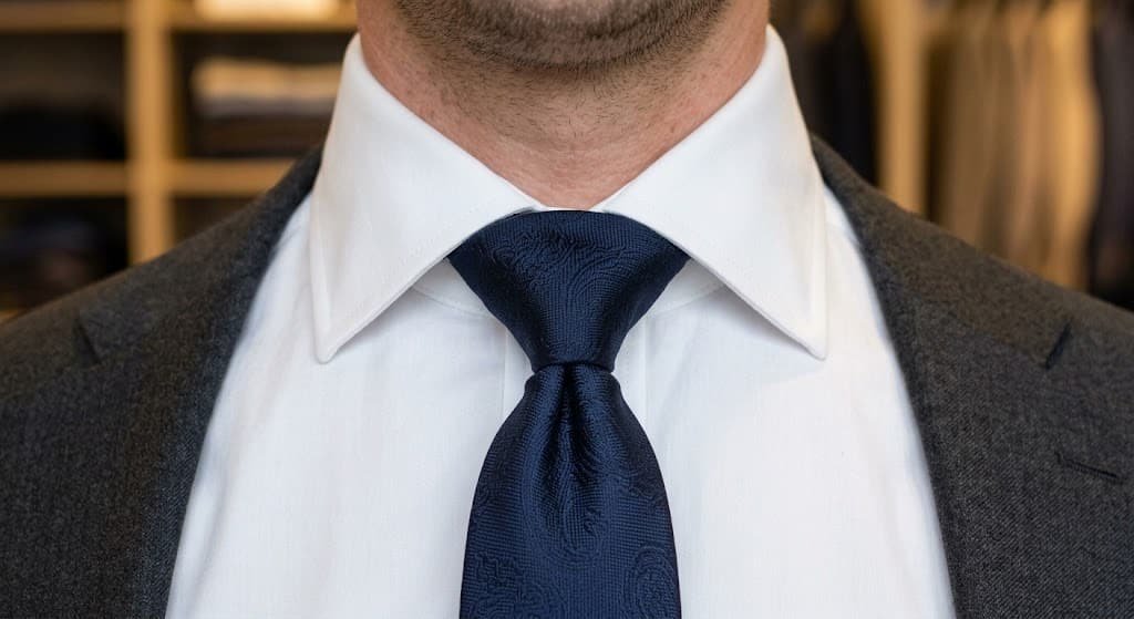 full Windsor knot tied on spread collar shirt