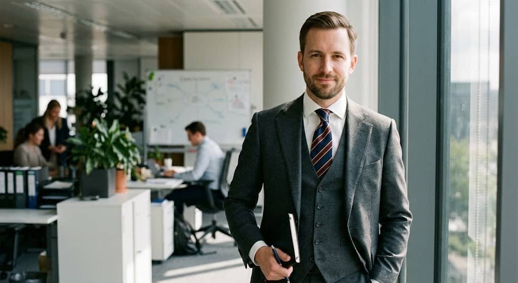 man wearing full Windsor knot tie in office