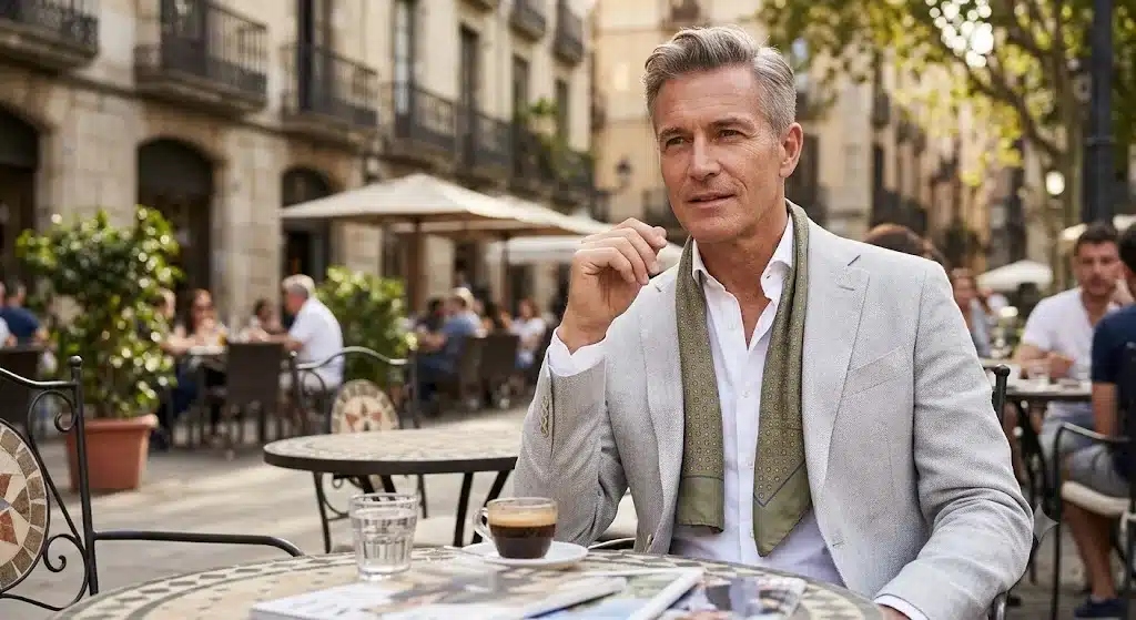 Man wearing a lightweight summer blazer showing how to tie a silk scarf.
