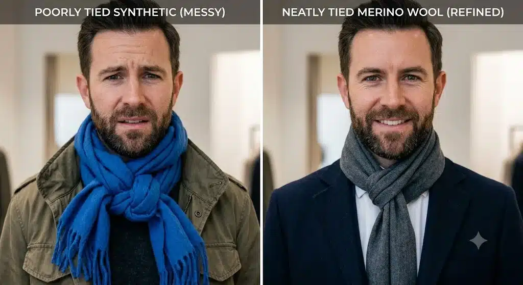 Example of common styling mistakes when learning how to tie a scarf men often make.