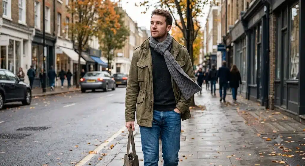 Man demonstrating how to tie a winter scarf with a casual weekend outfit and field jacket.