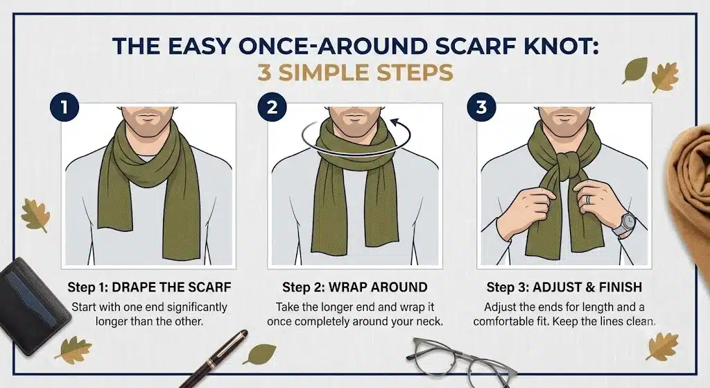 Step-by-step graphic showing how to tie a scarf different ways for casual weekends.