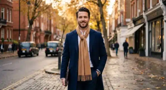 Professional man walking in the city wearing a navy overcoat and a neatly tied camel wool scarf