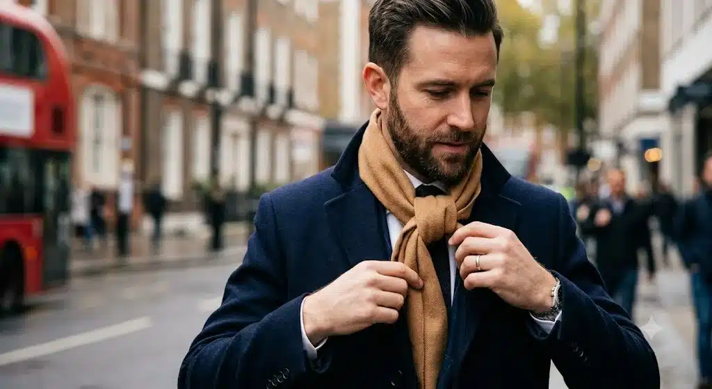 Close up of a man showing how to tie a scarf using the Parisian knot for the office.