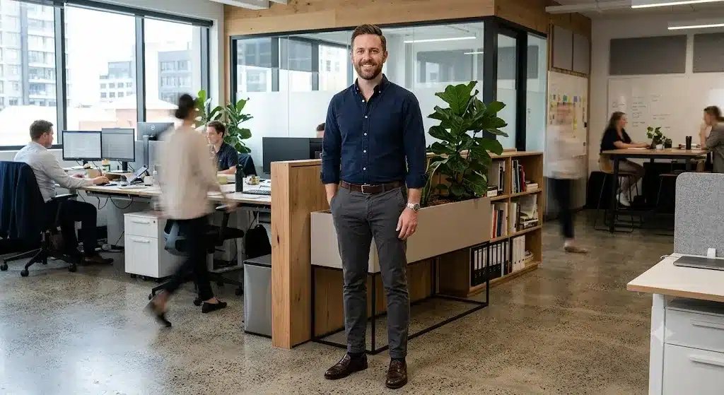Man wearing smart casual attire with navy shirt, chinos, and brown loafers
