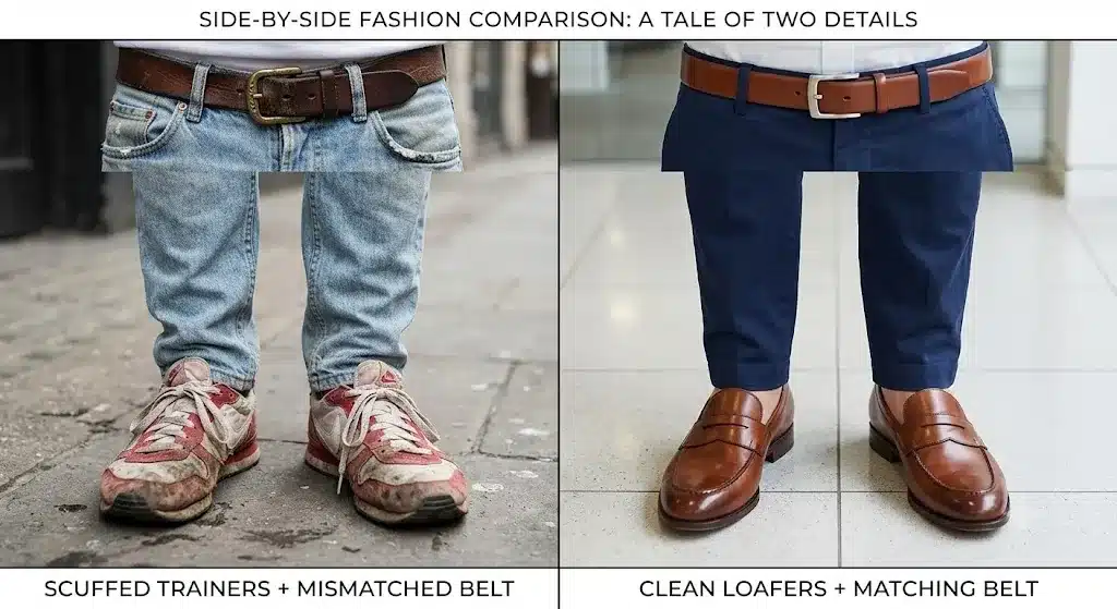 Common smart casual dress code mistakes: mismatched shoes and belt colours