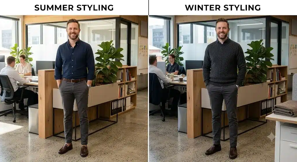 Smart casual attire for men styled for summer and winter seasons