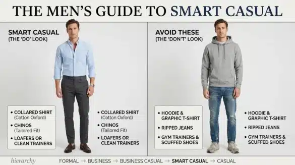 Men's smart casual dress code side-by-side comparison showing an Oxford shirt and chinos versus a hoodie and ripped jeans.