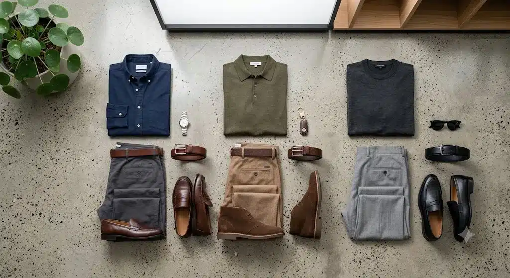 Three smart casual outfit examples for men, from office to weekend