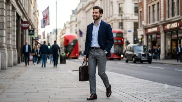 Professional man walking on a London street wearing a modern UK business casual outfit with a navy blazer, light blue shirt, and grey trousers.