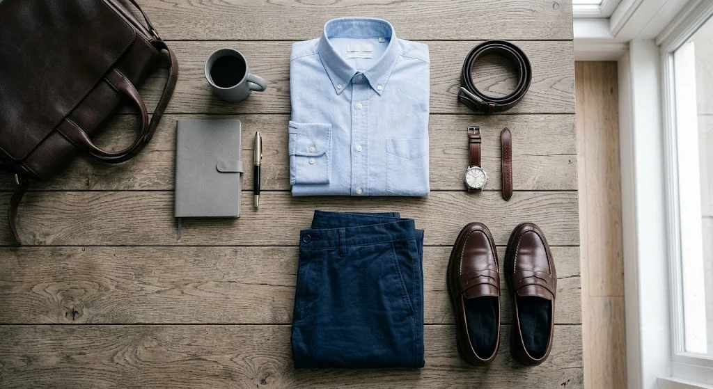 Essential business casual men's clothing items including an Oxford shirt, navy chinos, and brown loafers