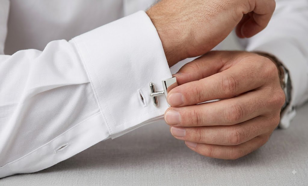 How to put on cufflinks: inserting swivel-back through aligned shirt cuff holes