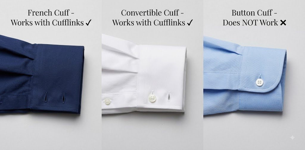 Cufflink compatibility: French cuff (yes), convertible cuff (yes), button cuff (no)