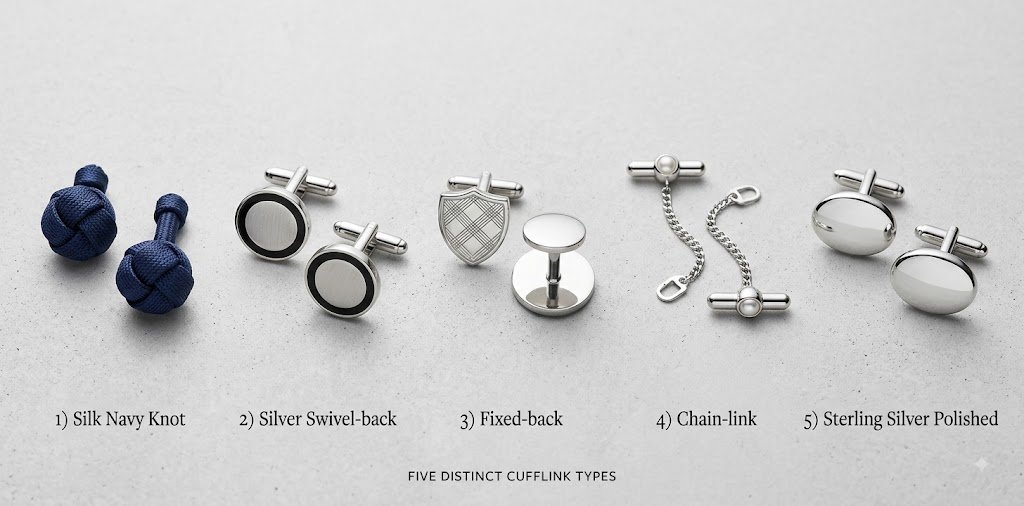 Types of cufflinks: silk knot, swivel-back, fixed-back, chain-link, and sterling silver
