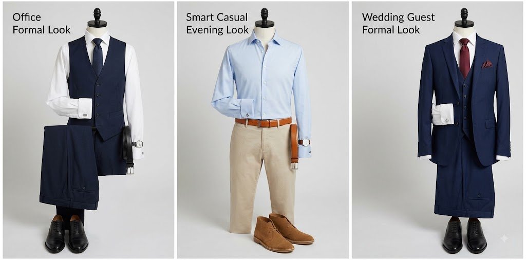How to style cufflinks: office formal navy suit, smart casual blazer, wedding guest three-piece