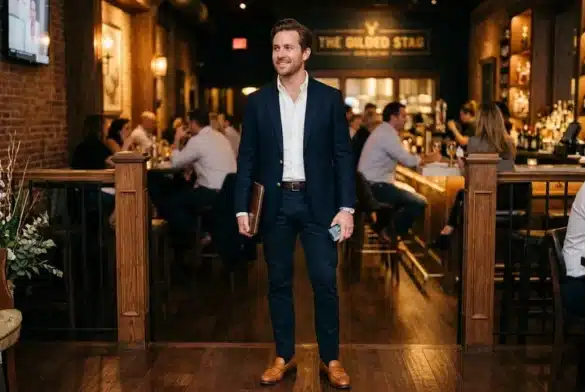 Smart casual men's outfit: navy blazer, white Oxford shirt, dark chinos and tan loafers
