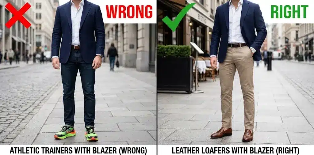 Smart casual shoes mistake: athletic trainers vs leather loafers — right way to dress smart casual