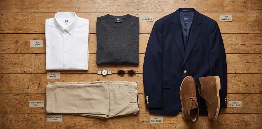 Top rated mens smart casual clothing picks: Uniqlo shirt, Charles Tyrwhitt chinos, Clarks Desert Boot