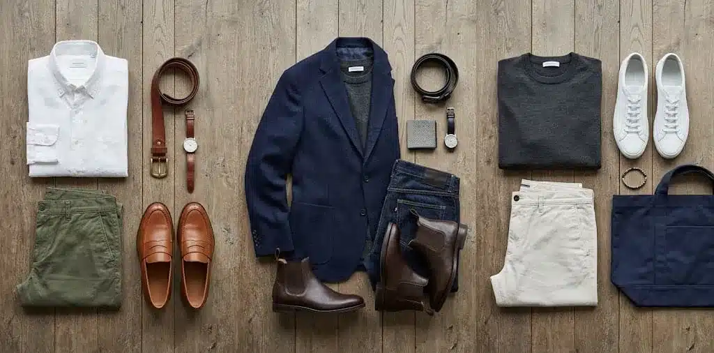 Three smart casual outfits for men: OCBD with chinos, blazer with dark jeans, merino knit with stone chinos