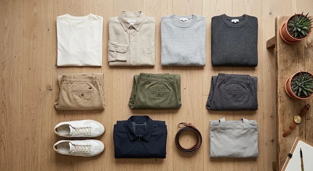 Men capsule wardrobe essentials laid out flat in navy, grey and white