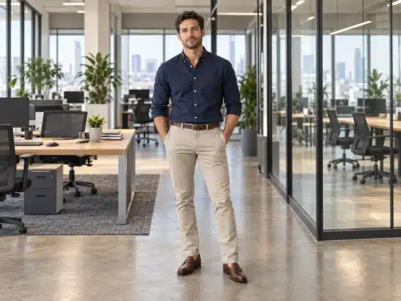 man wearing stone chinos vs khakis comparison for office wear