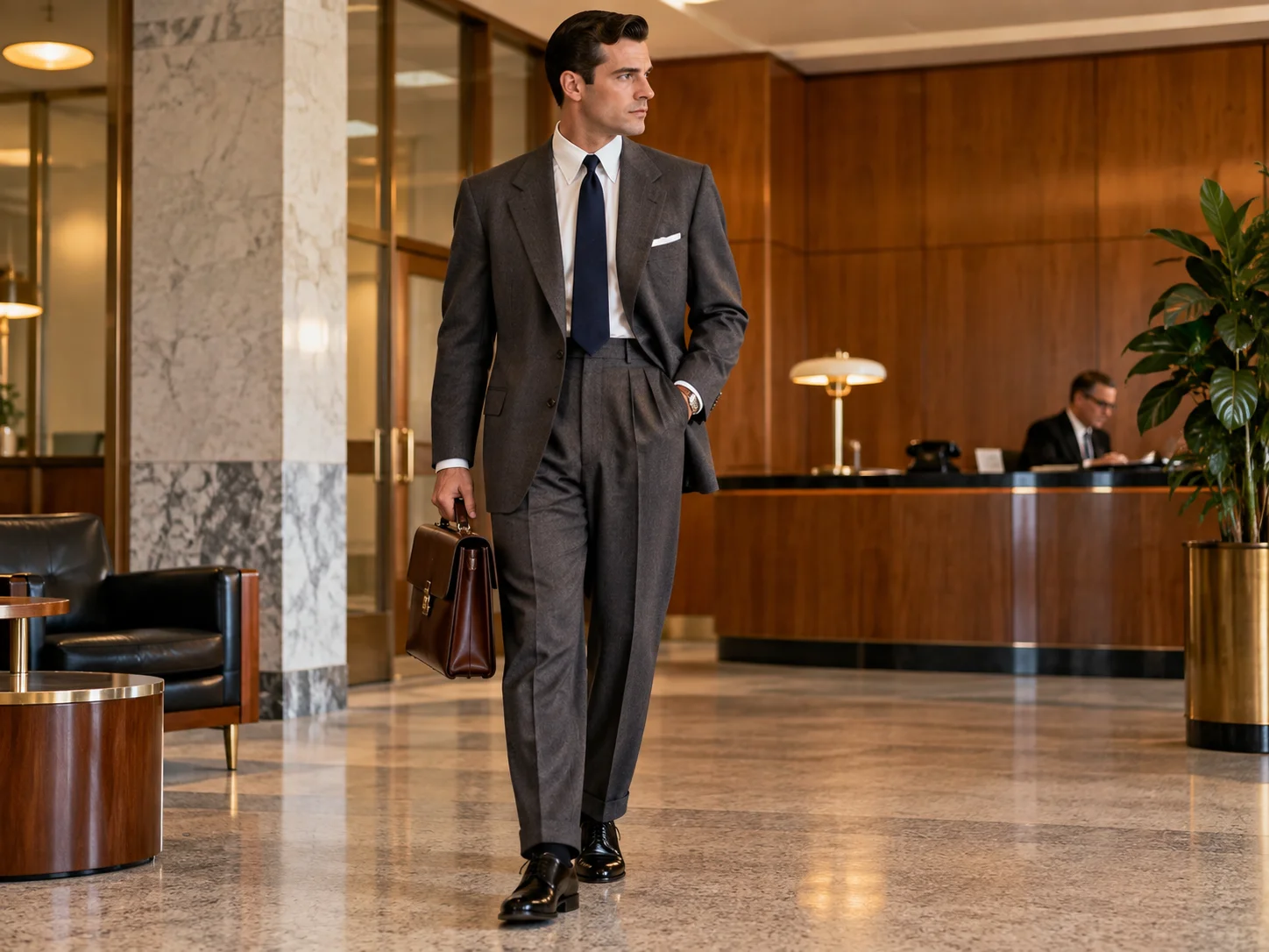 Man wearing a charcoal 1950s-inspired business suit with a white shirt, navy tie and polished black shoes