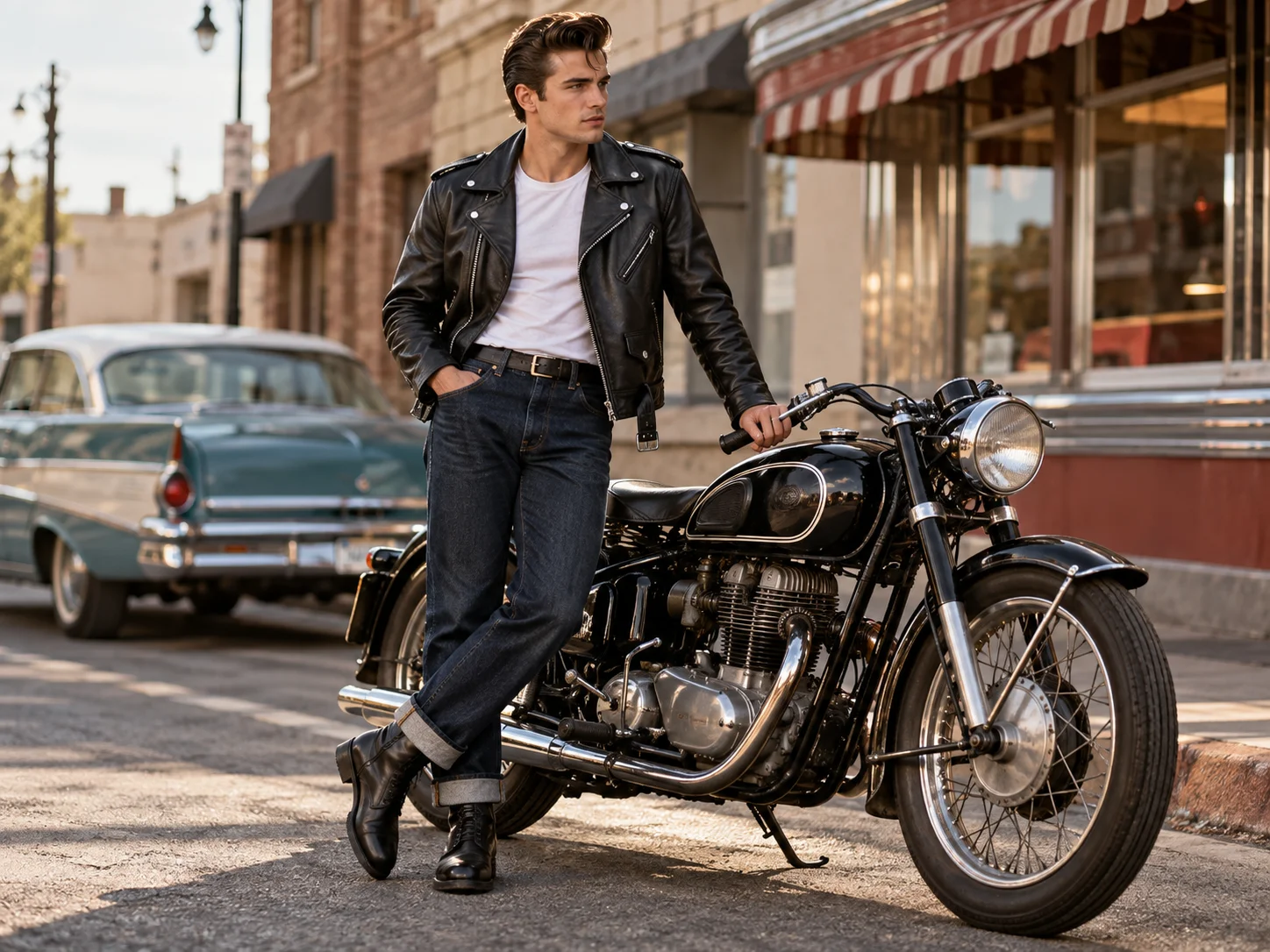 Man wearing a black leather jacket, white T-shirt, cuffed dark jeans and boots in a 1950s greaser outfit