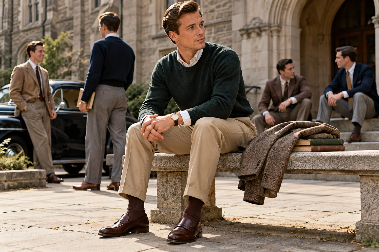 Man wearing a green crewneck sweater, Oxford shirt, khaki trousers and penny loafers in a 1950s Ivy League outfit