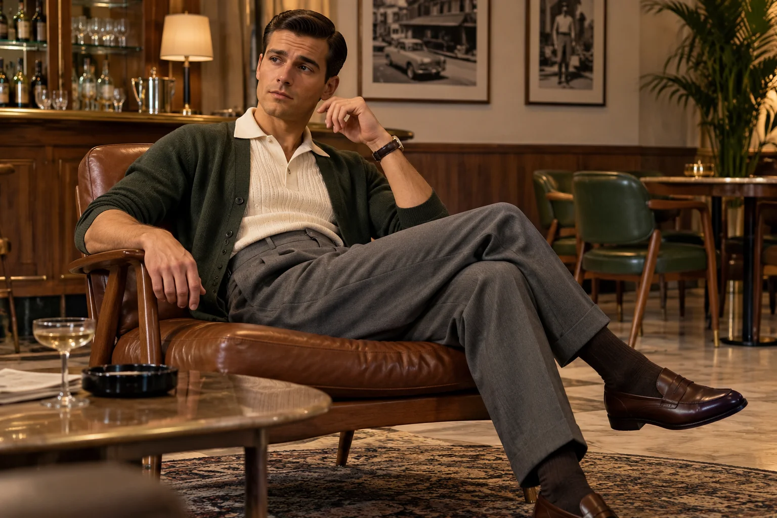 Man wearing a cream knit polo, green cardigan, pleated grey trousers and brown loafers in a 1950s-inspired look