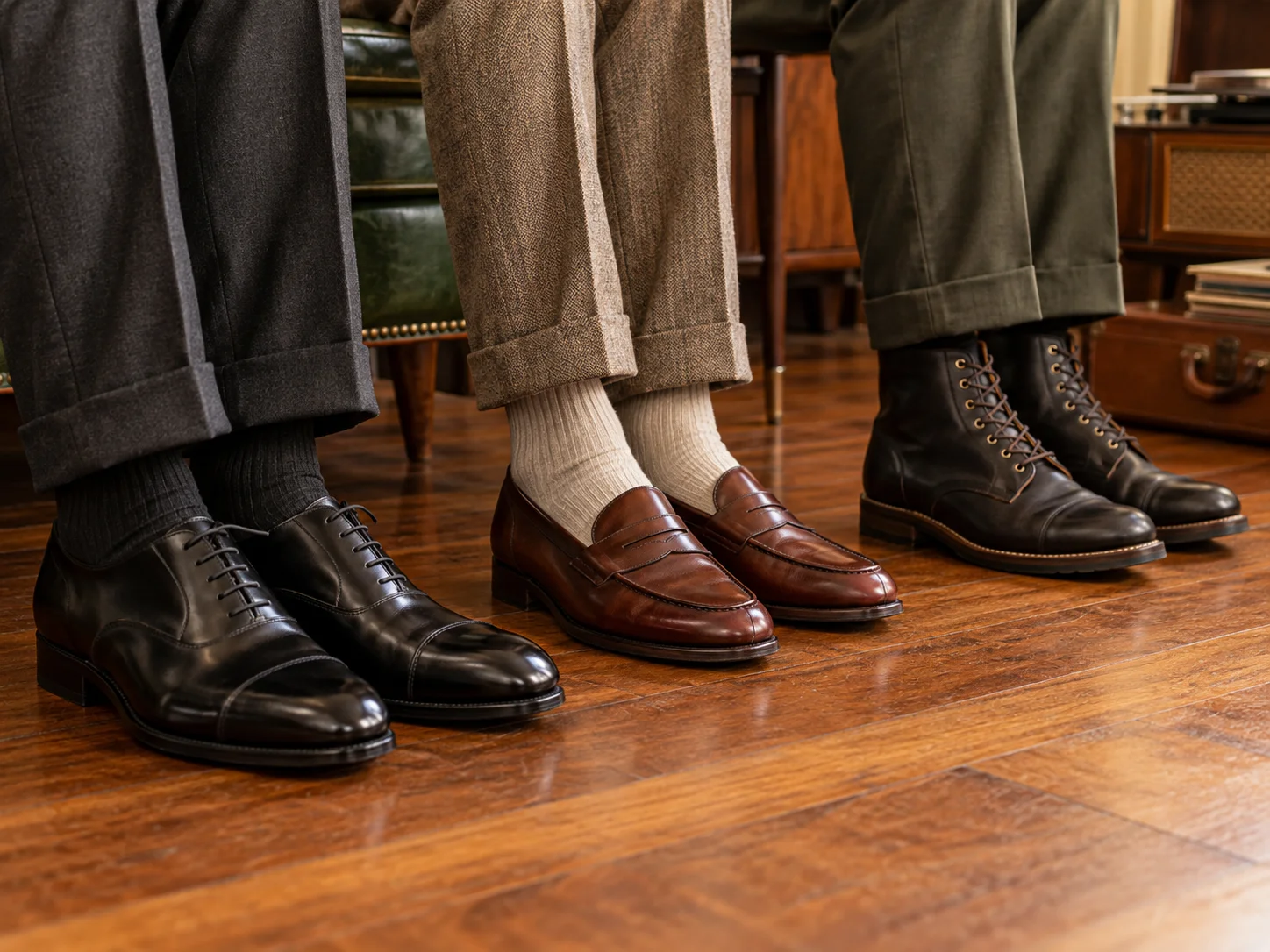 Black Oxford shoes, brown penny loafers and black boots styled with classic 1950s trousers