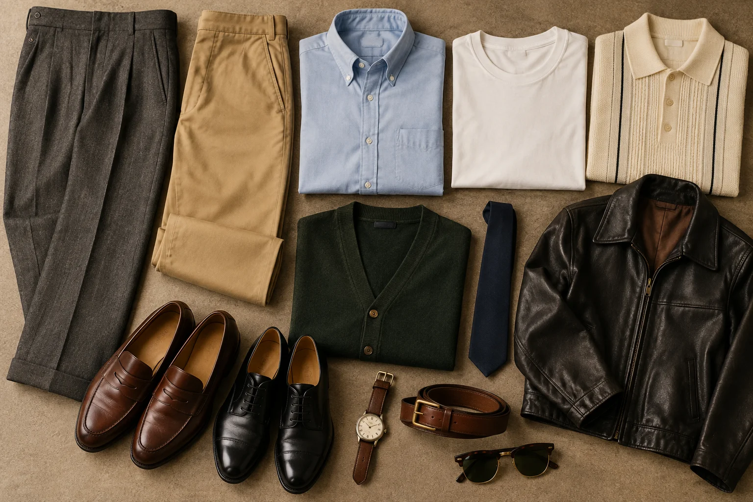 Flat lay of 1950s menswear essentials including pleated trousers, chinos, Oxford shirt, knit polo, cardigan, leather jacket and dress shoes