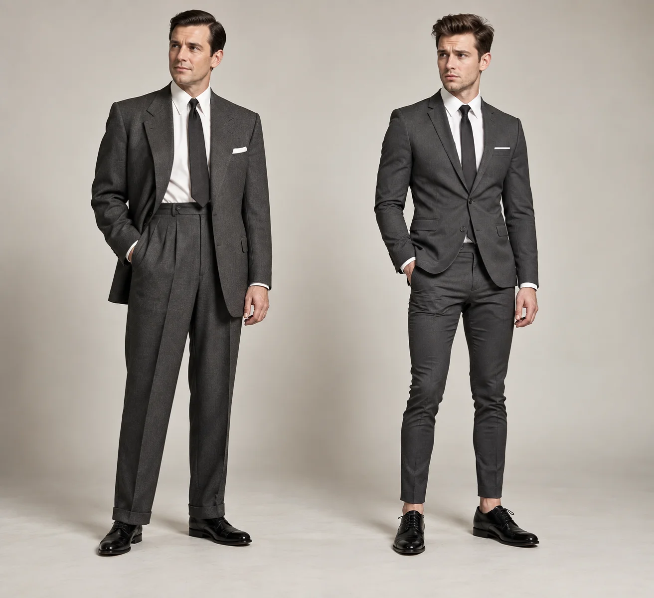 Comparison of a roomier 1950s tailored suit silhouette and a modern slim-fit suit