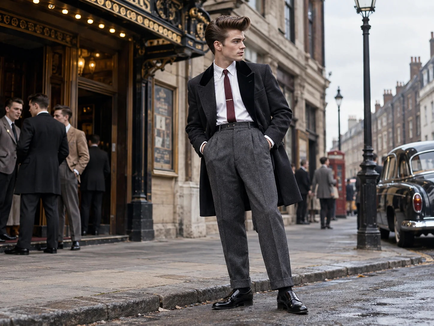 Young man wearing a long dark jacket, high-waisted trousers, white shirt and narrow tie in a Teddy Boy inspired look