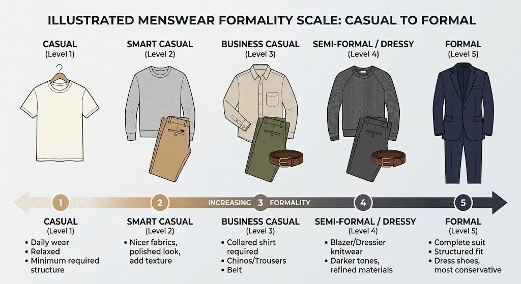 Formality scale showing capsule wardrobe men items from casual to formal