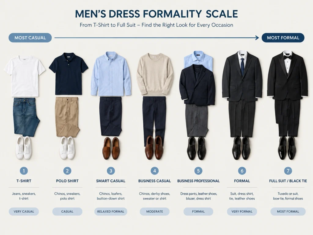 Formality scale for men's business casual outfits