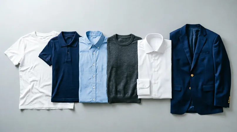 formality scale for casual outfits for men, from t-shirt to blazer