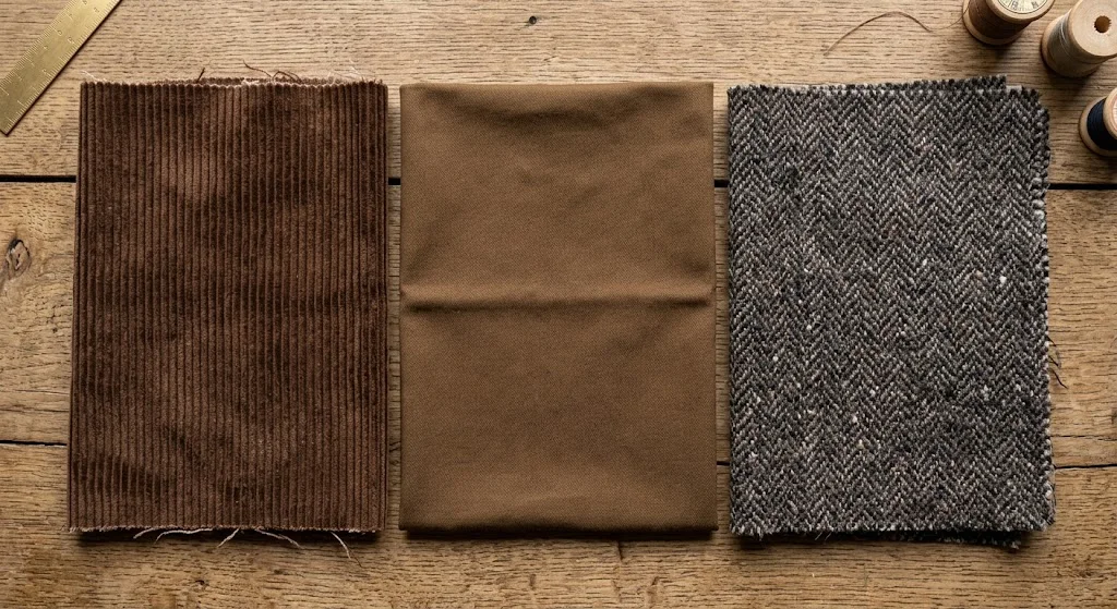 Formality scale of brown pants outfit fabrics from casual to dressy